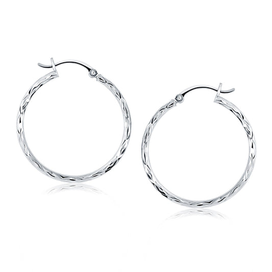 14k White Gold Diamond Cut Hoop Earrings