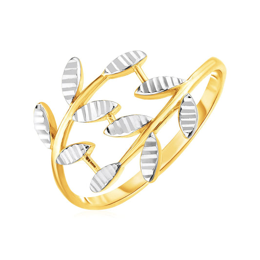 14k Two-Tone Gold Crossover Leaves Ring