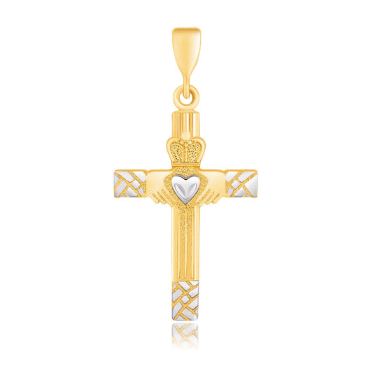 14k Two-Tone Claddagh Motif Cross Pendant