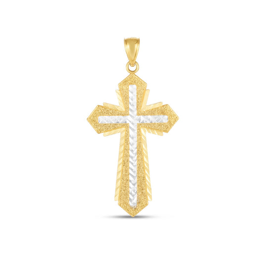 14k Gold Two-Tone Polish Diamond Cut Cross Pendant