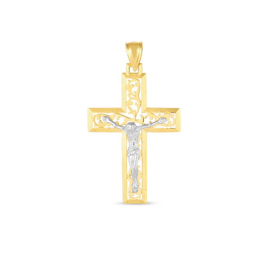 14k Two-Tone Diamond Cut Crucifix Cross Pendant