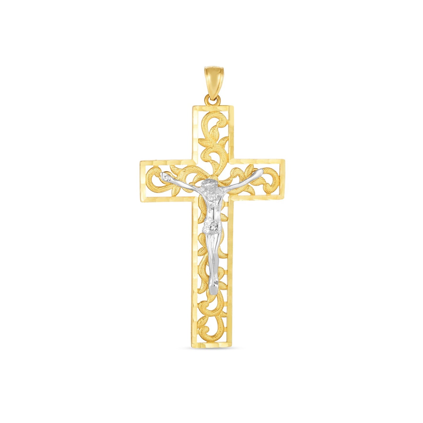 14k Gold Two-Tone Polish Diamond Cut Crucifix Cross Pendant