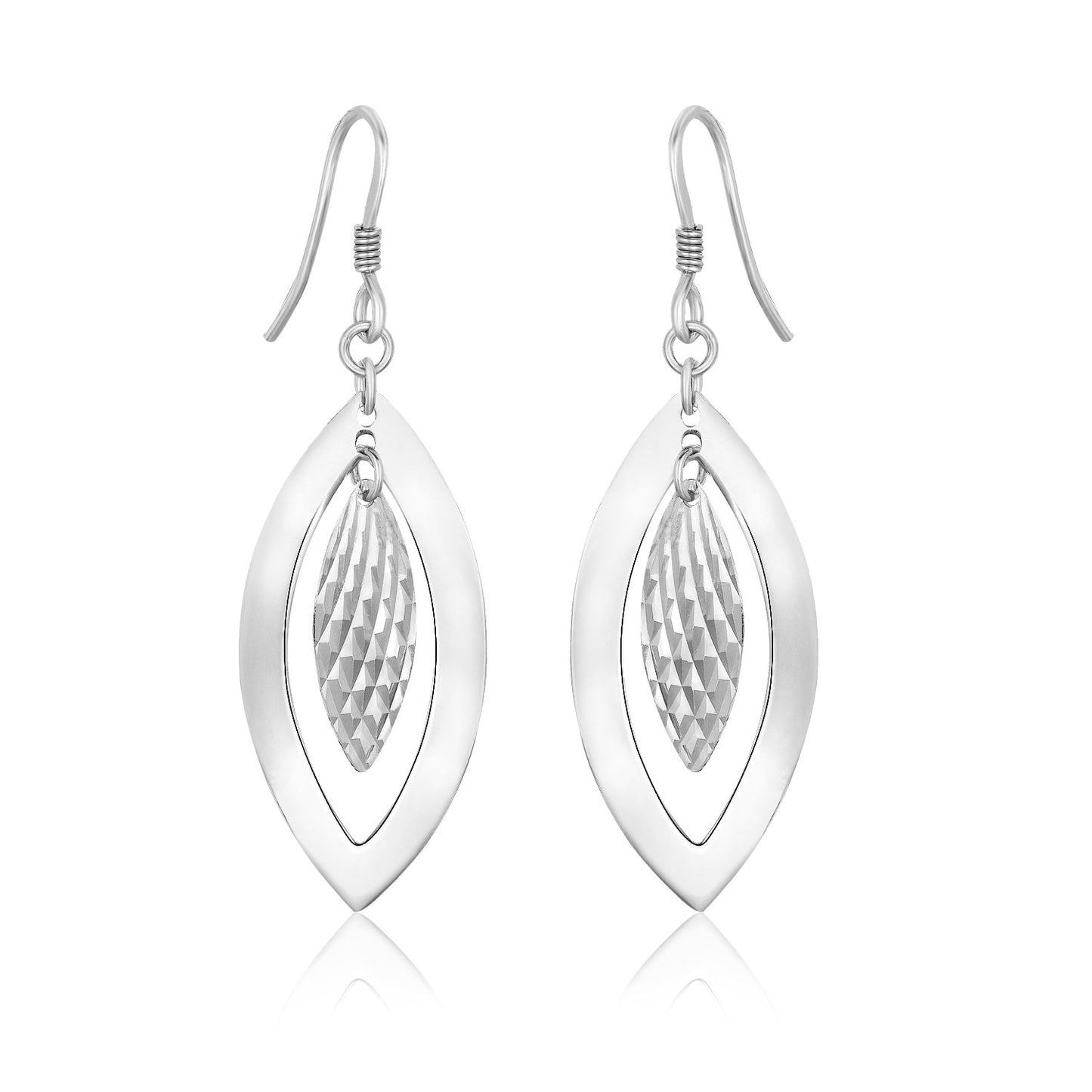 Sterling Silver Dangling Earrings with Dual Open and Textured Marquis Shapes