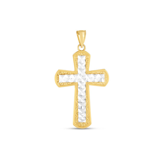 14k Two-Tone Diamond Cut Cross Pendant